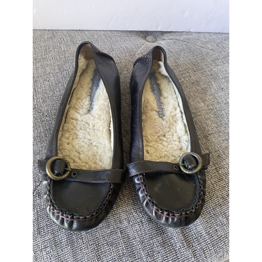 Marc By Marc Jacobs Leather Moccasin Size EU 37 US 6.5 Faux Fur Lined Black